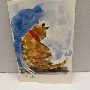 Delilah Art Watercolor Collectible Orig Signed Impressionism Yellow Stripped Cat